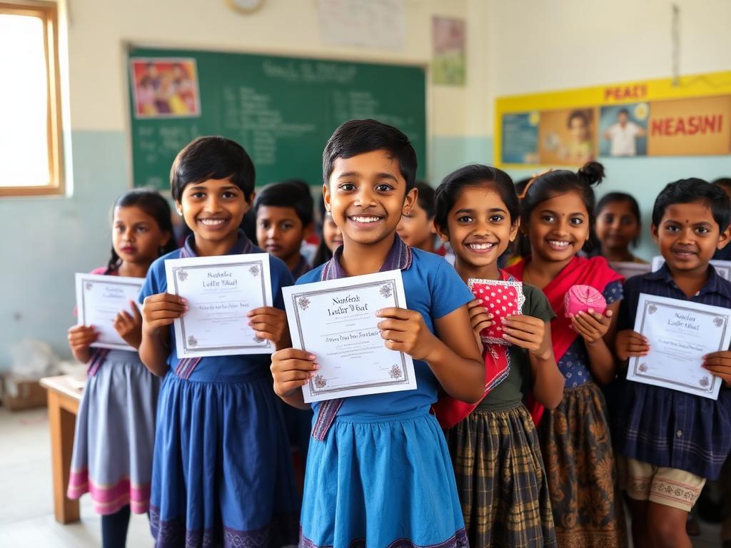 School children receiving awards and certificates at an NGO awareness program