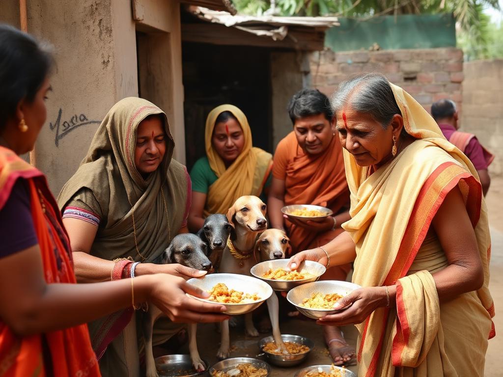 Volunteers feeding street animals and sharing meals as part of daily community service