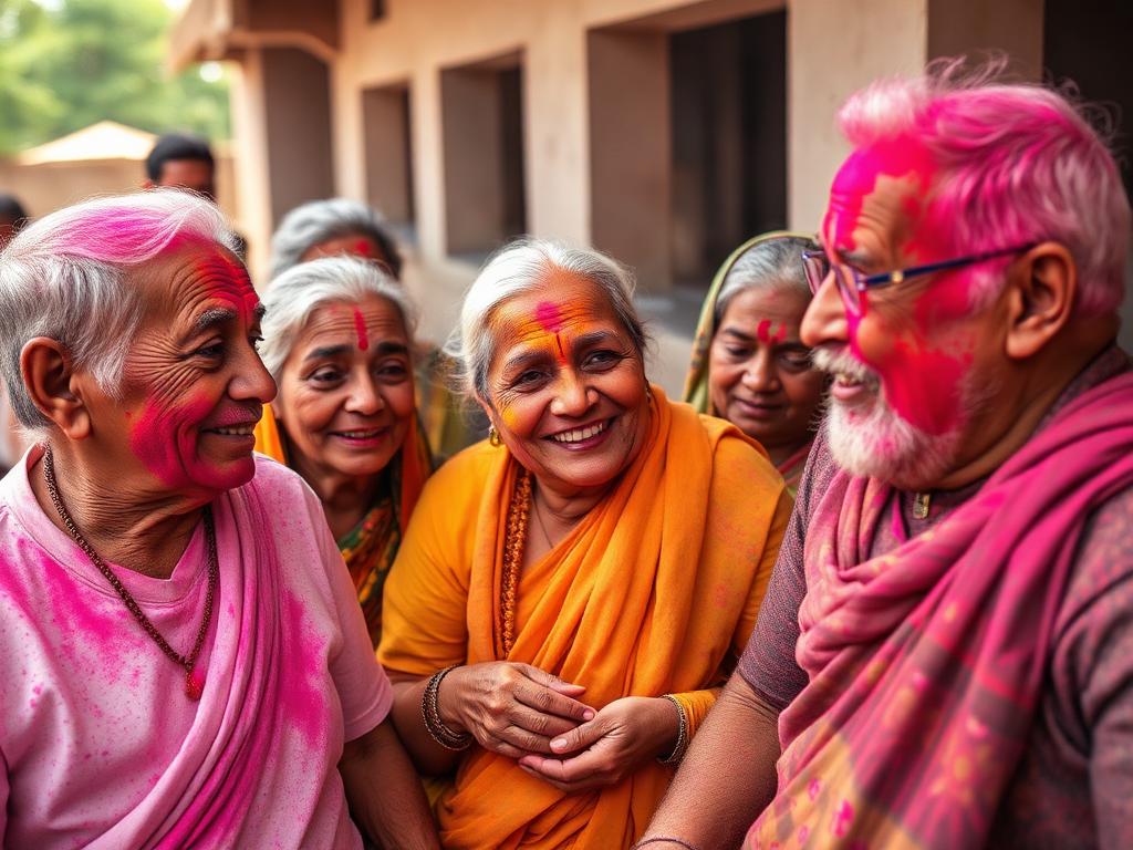 Elderly residents celebrating Holi with volunteers at the Rajinder Ashram, North East Delhi