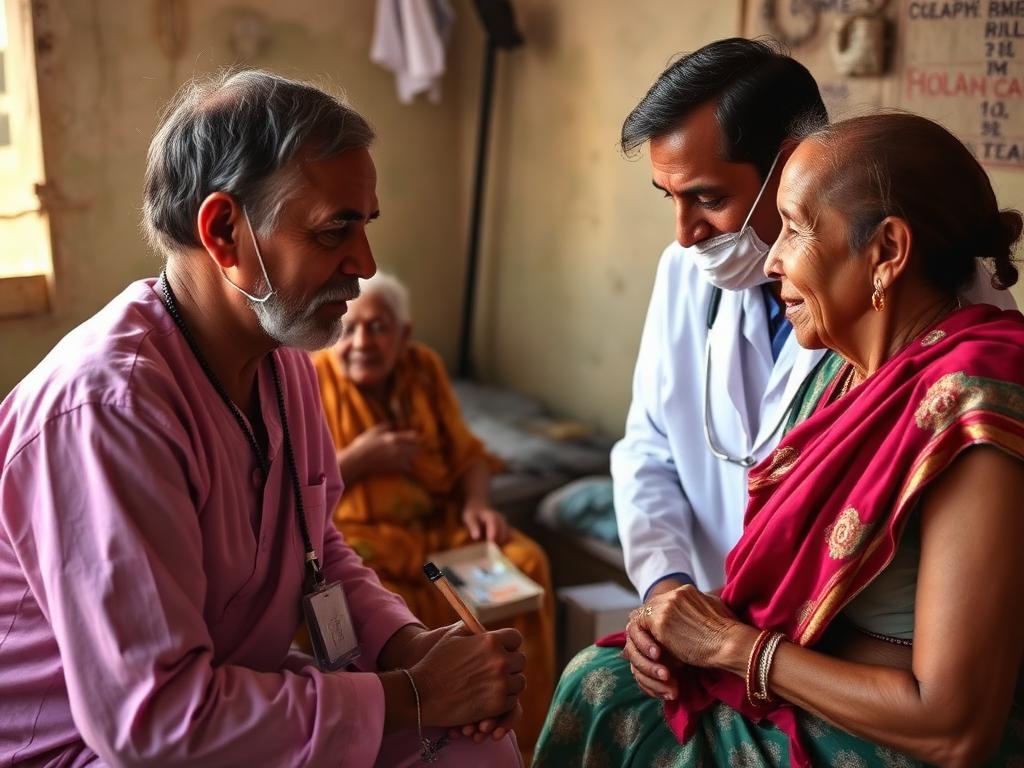 NGO volunteers and a doctor providing medical care to elderly patients at a health camp