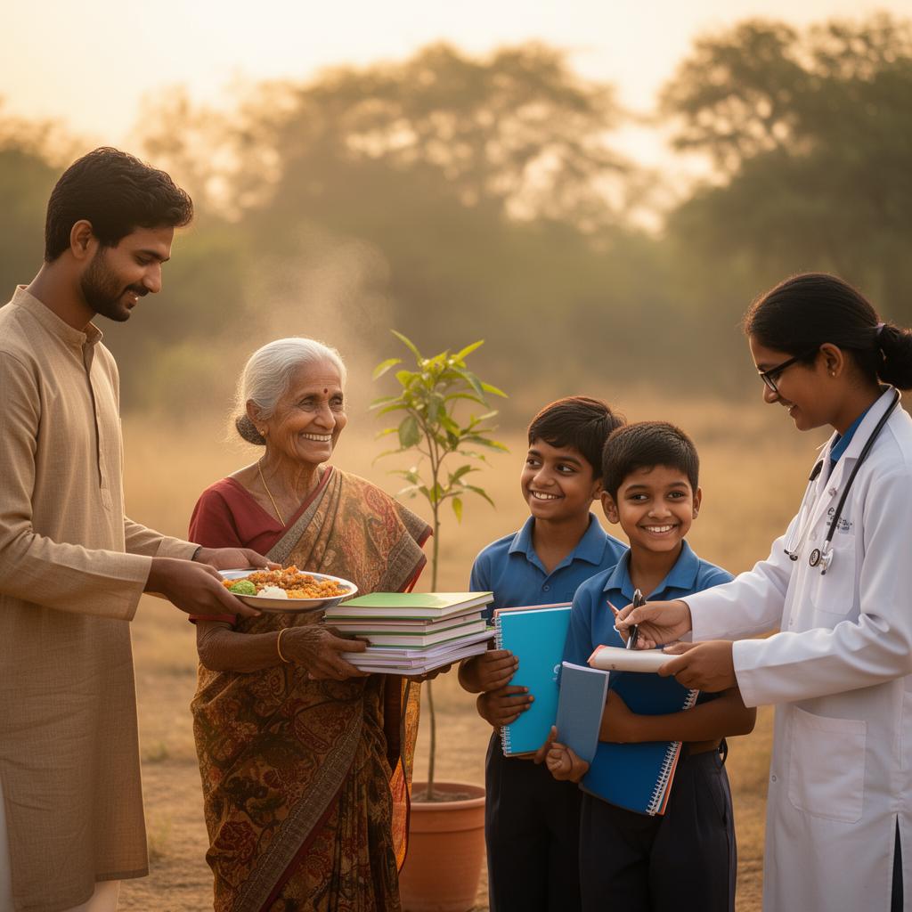 An NGO volunteer holding the hand of a smiling Indian child at golden hour