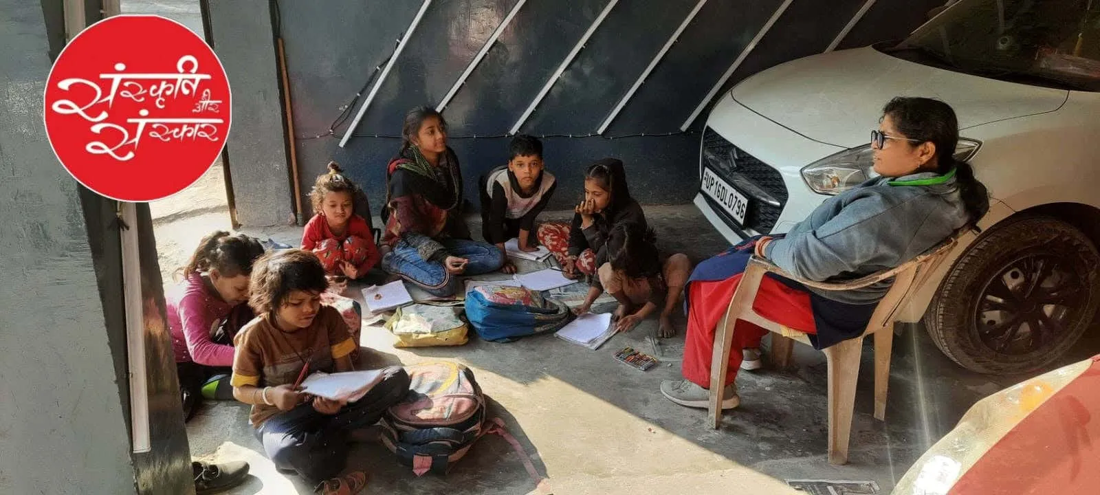 Students concentrating on their work outdoors