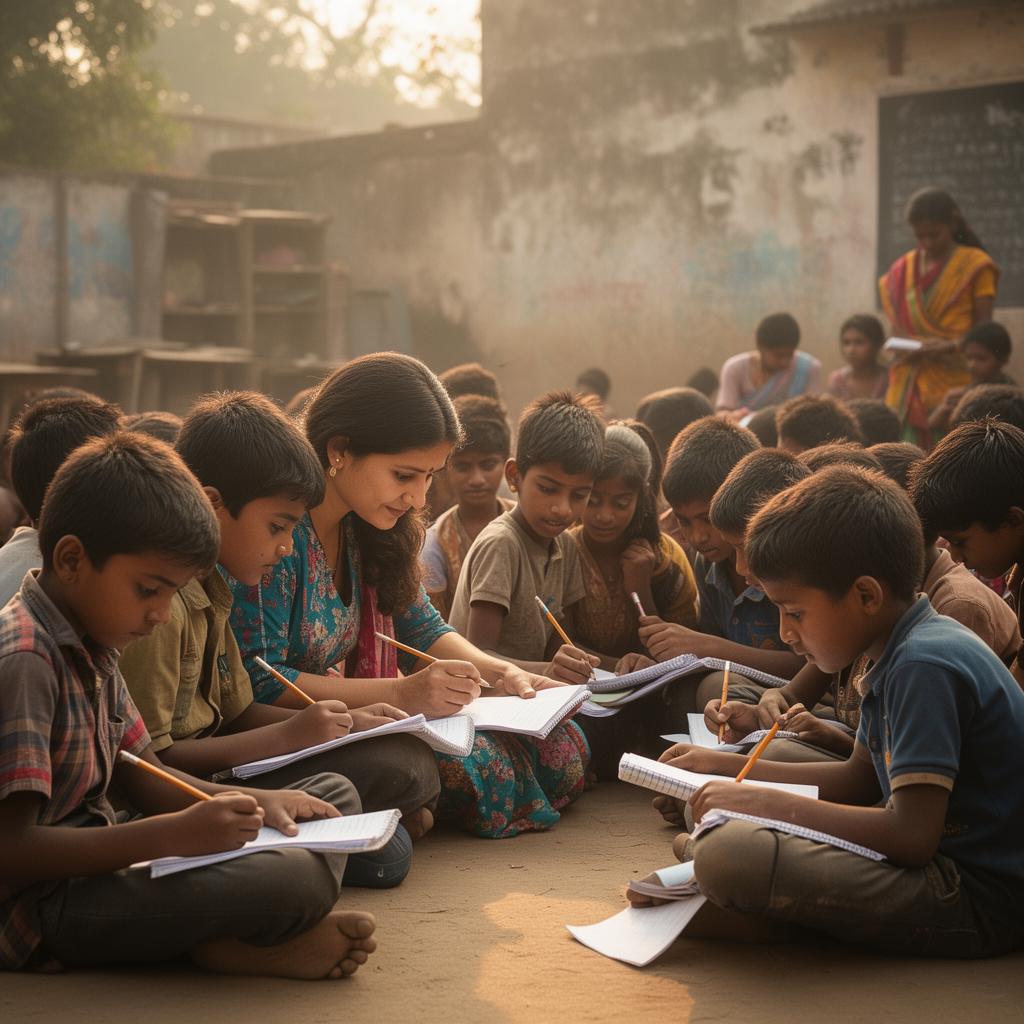 Sanskriti & Sansakaar volunteers teaching street children in an outdoor classroom