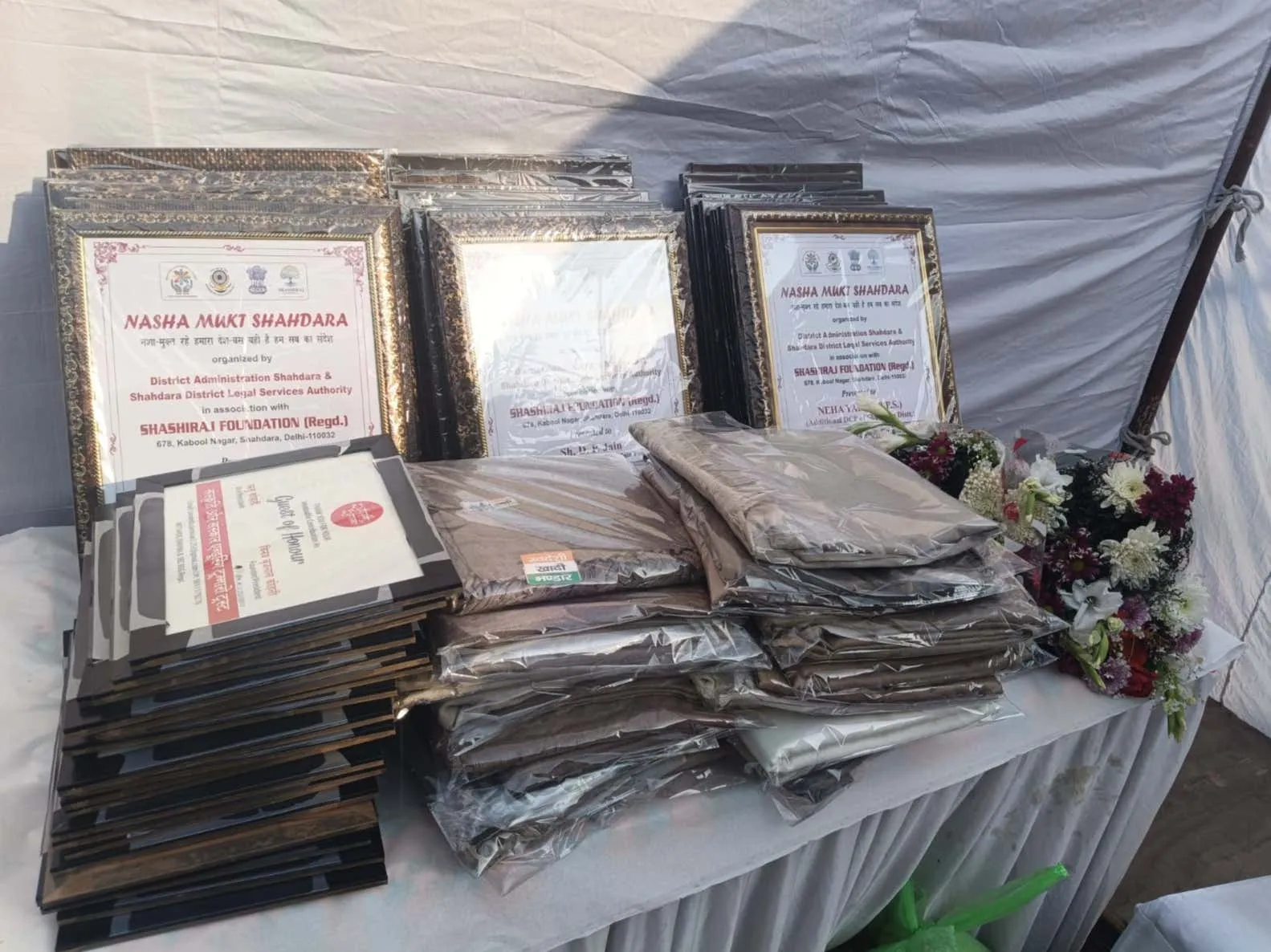Awards, mementos and blankets ready for distribution