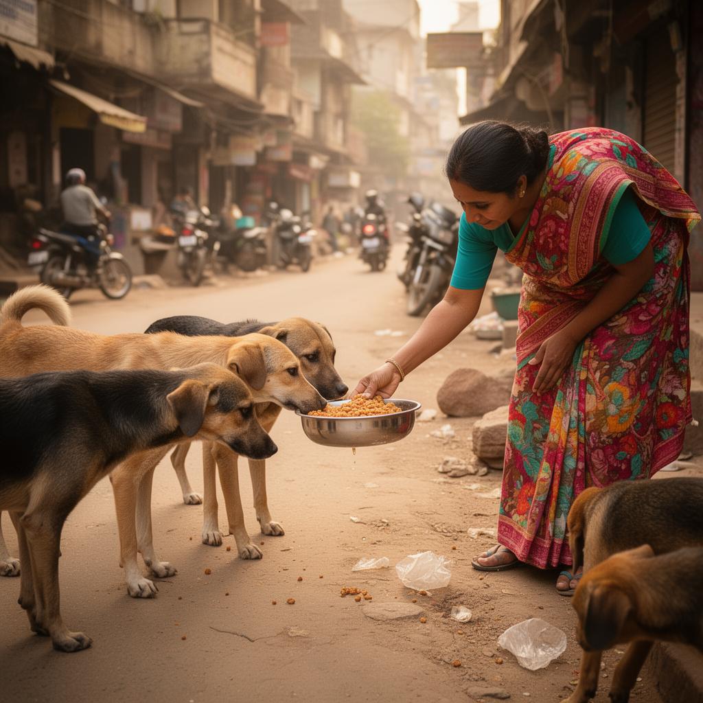 A kind woman feeding stray dogs on the street with a bowl of food