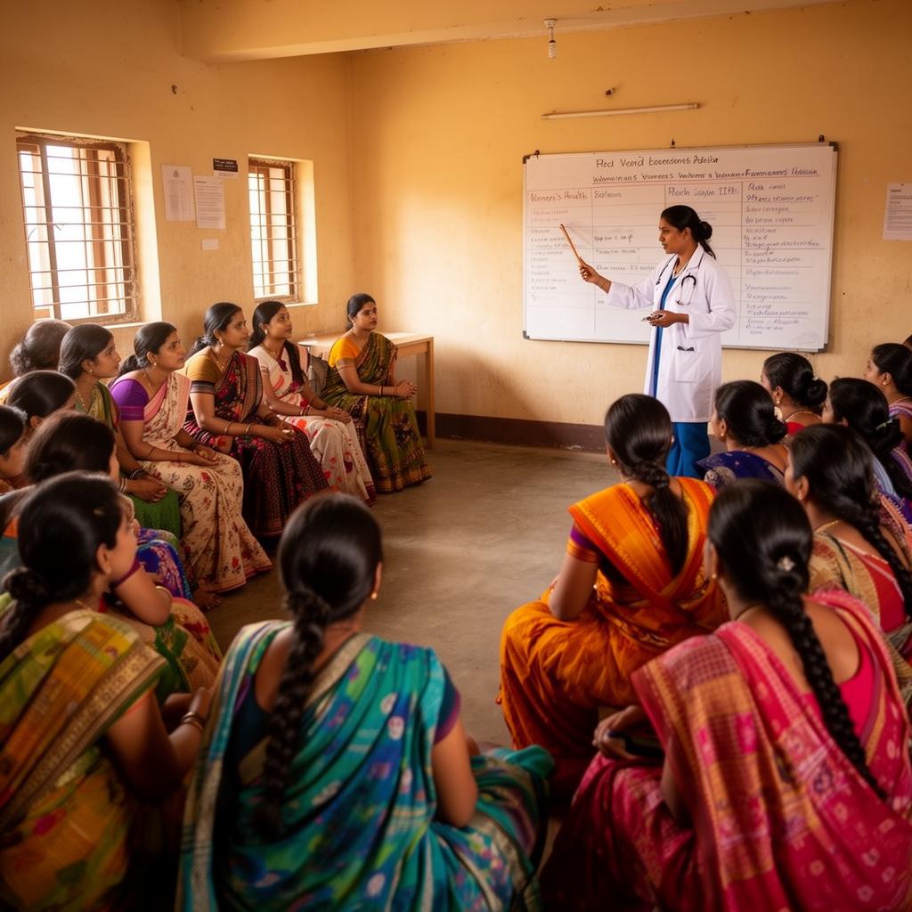 Women attending a community health awareness session led by a female health worker