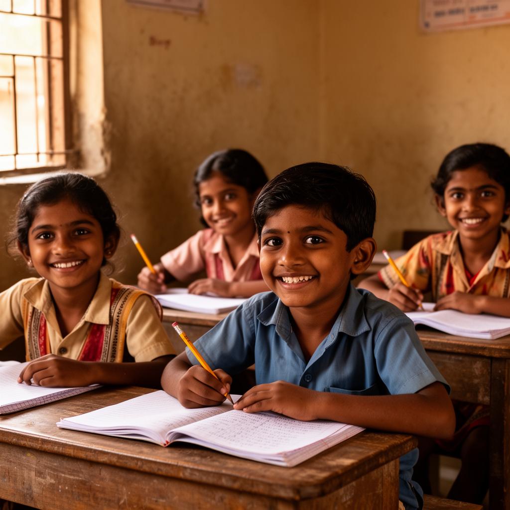 Smiling Indian children studying with notebooks and pencils in a simple classroom