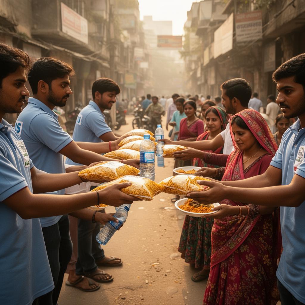 Volunteers distributing food packets and water bottles to people on a Delhi street