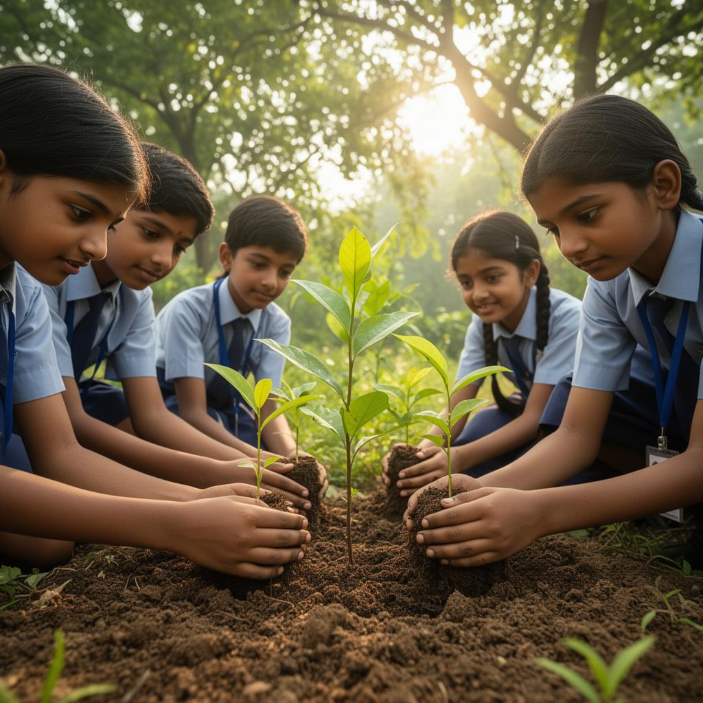 Indian schoolchildren planting saplings during a tree plantation drive