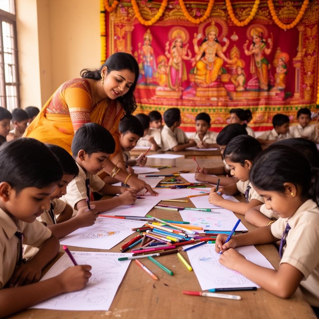Indian children participating in a drawing competition during a cultural school event