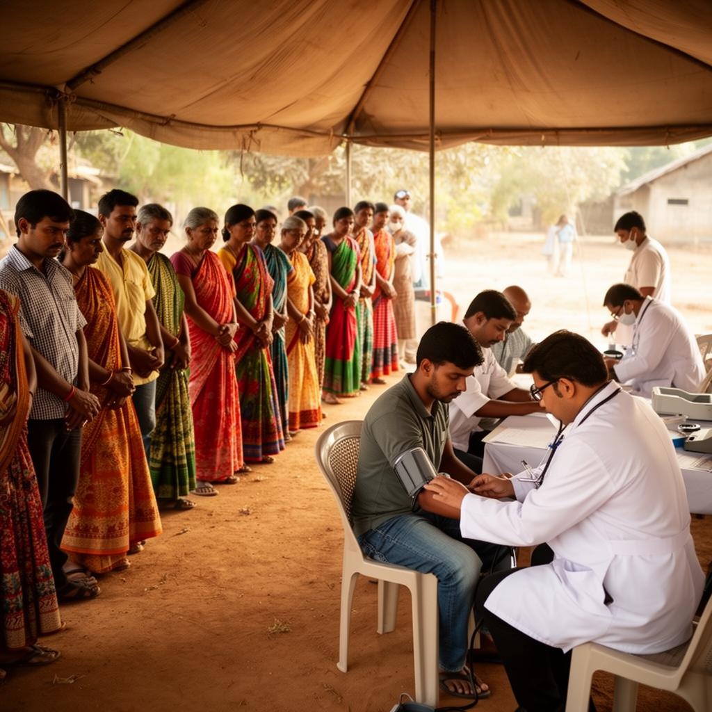Doctor checking blood pressure of a patient at a free medical health camp in India