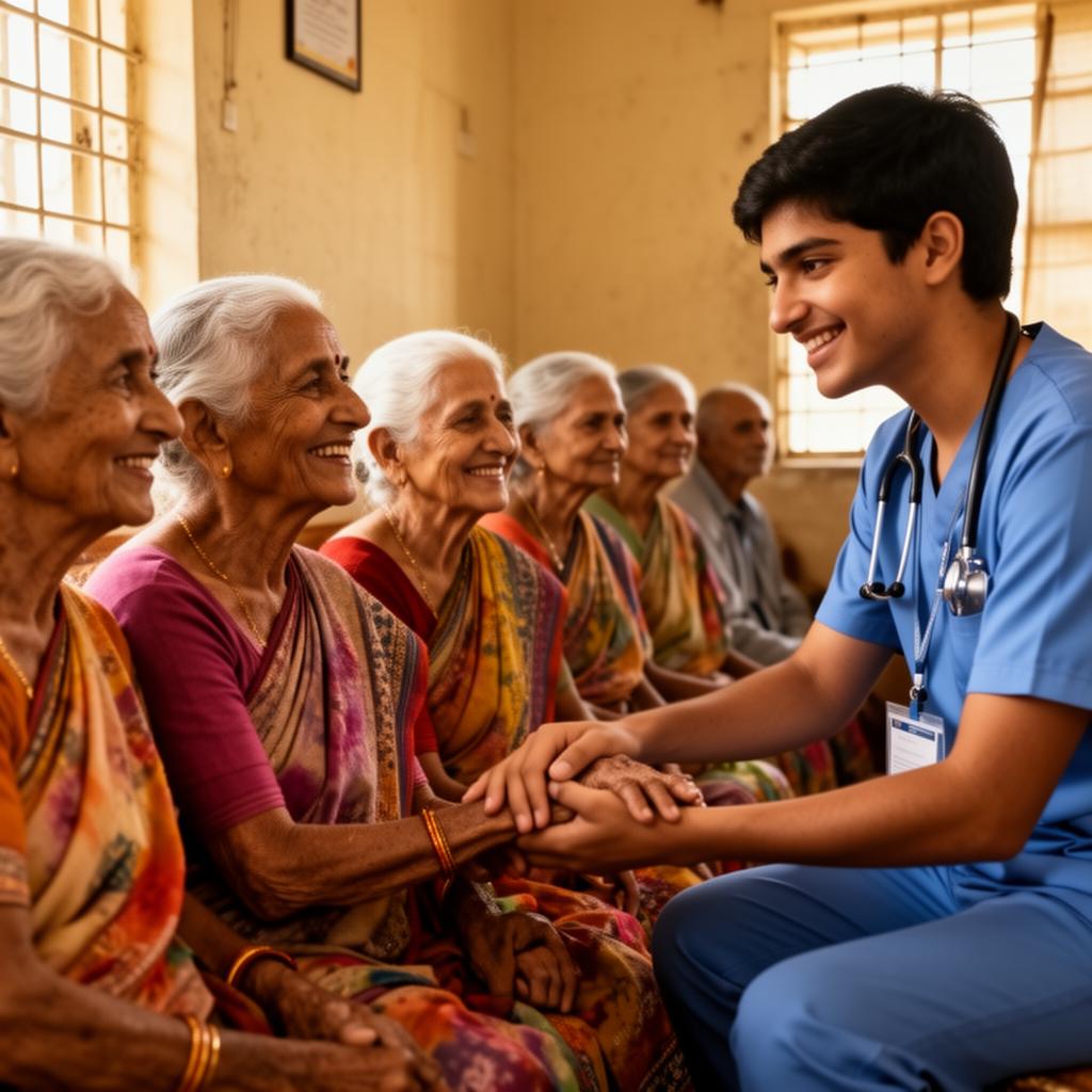 A young volunteer holding the hand of a smiling elderly woman in an old-age home